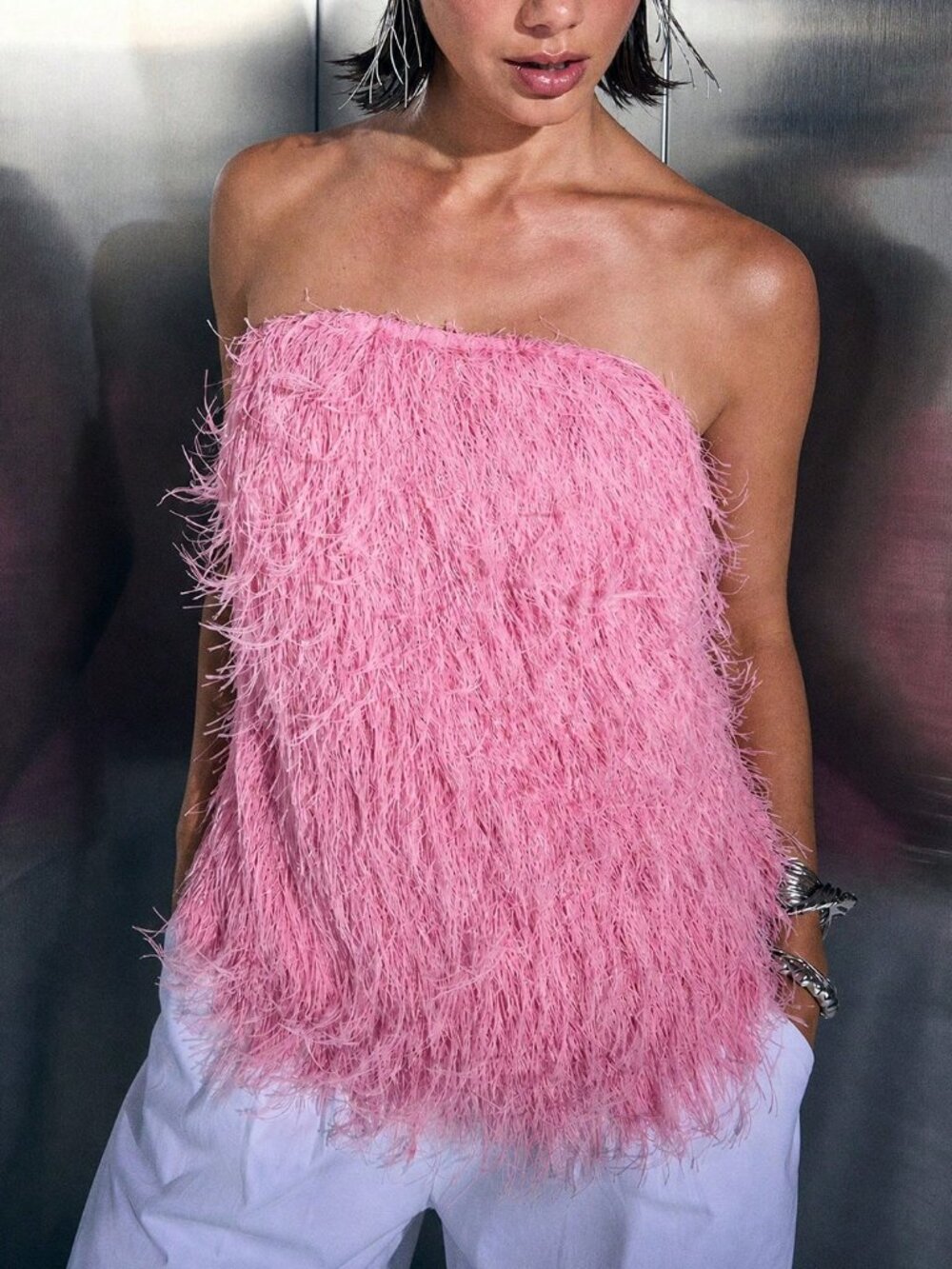 Pink Fuzzy Tassel Women's strapless Tube Top